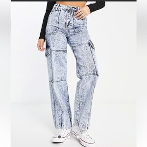 Women's Denim Wide Leg Cargo Jeans Acid Wash Blue Size 6 Streetwear 90s Y2K Vibe